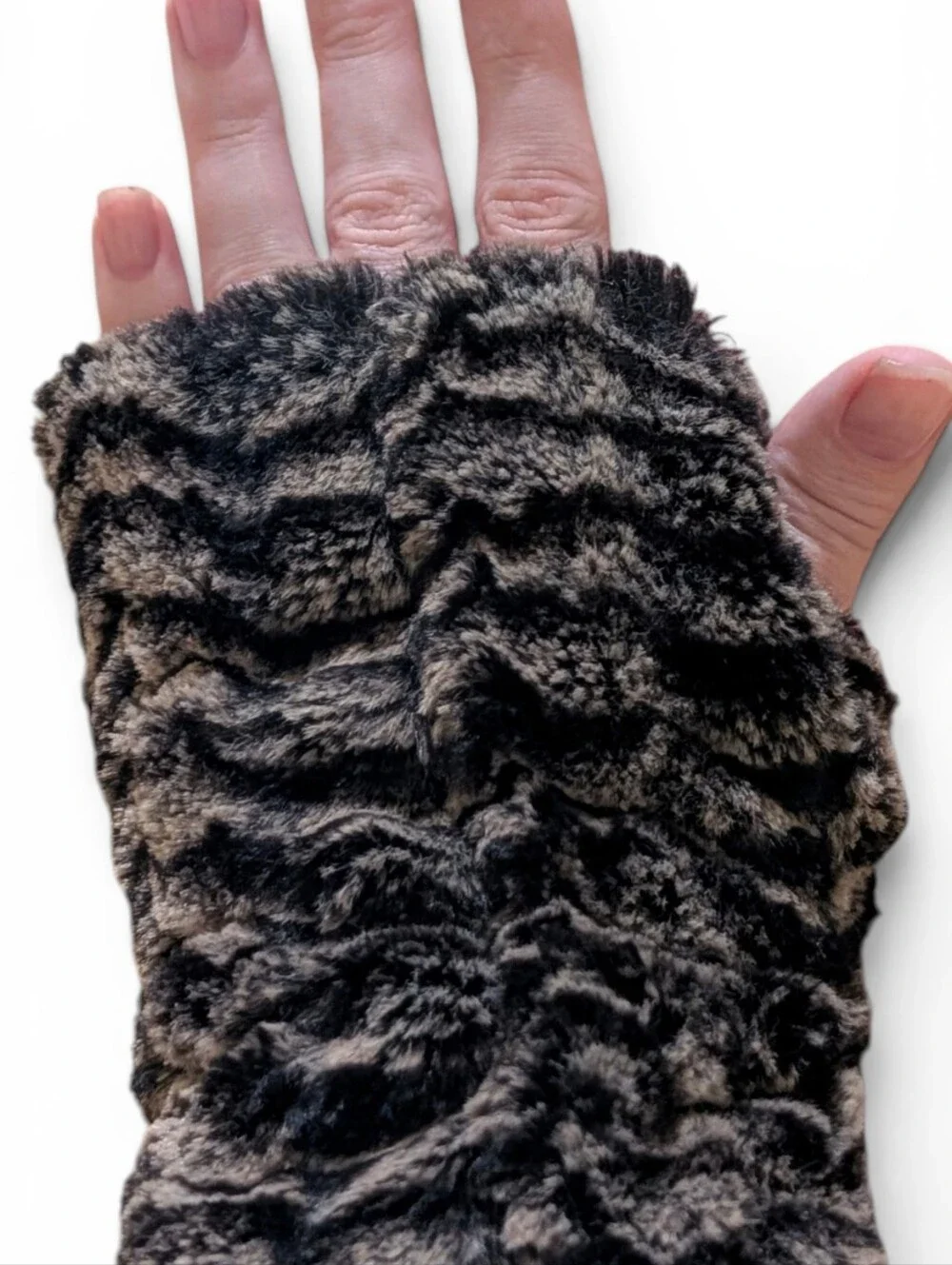 Pandemonium Seattle Reversable Faux Fur Fingerless Gloves Sepia/Sand Texting OS